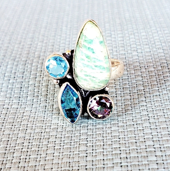 New Amazonite, Blue Quartz, Mystic Topaz 925 Silver Ring. - Picture 10 of 14